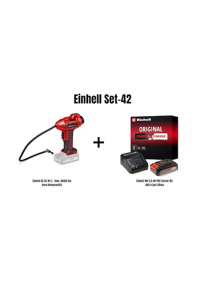 Einhell Set-42 Einhell Ce-cc 18 Li - Solo, Akülü Oto Hava Kompresörü+einhell 18v 2,5 Ah Pxc Starter Kit, Akü & Şarj Cihazı