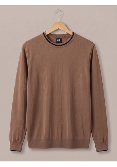 Maccali Erkek Camel Kontrast Şeritli Bisiklet Yaka Triko Sweatshirt