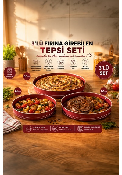 Porsima Montella 3lü Tepsi Seti Fırın Tepsisi 26-28-30cm Kızıl Kırmızı