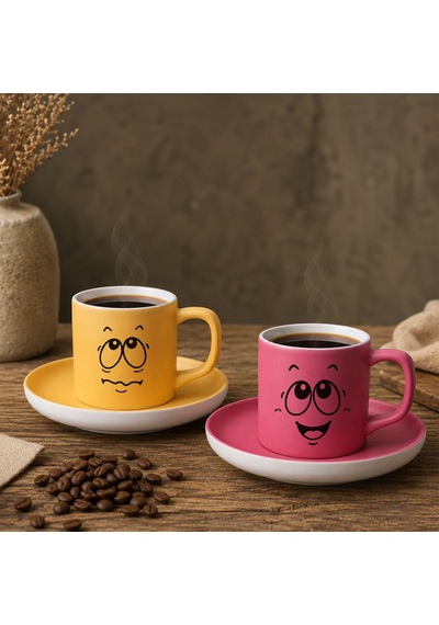 Bk Gift 2'li Sarı Ve Pembe Renkli Emoji Yüz Tasarımlı Seramik Türk Kahvesi Fincanı Takımı-2 Çok Renkli