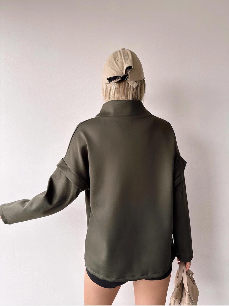 Kadın Tasarım Bağcıklı Yaka Super Şık Trend Scuba Sweatshirt Haki