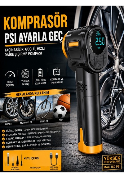 3600mah 150psı Lcd Ekranlı Kompresörlü Araç, Motosiklet, Scooter,