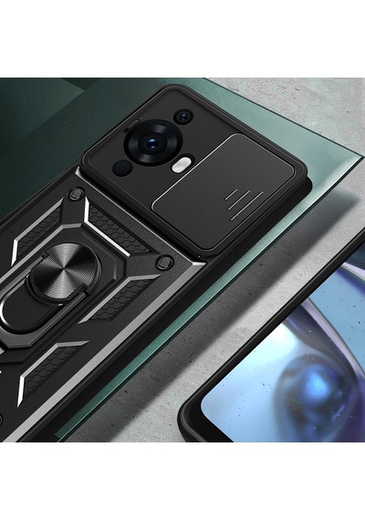 Huawei Nova 12s Kılıf Magnetik Standlı Kamera Korumalı Zore Sürgülü Vega Kapak Siyah