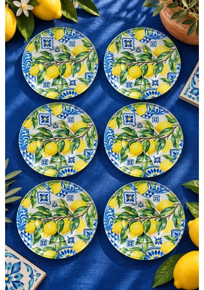 6 Lı Cam Çay Tabağı Limon & İznik Çini Desenli 12 Cm 6 Adet Çay Tabak Sarı