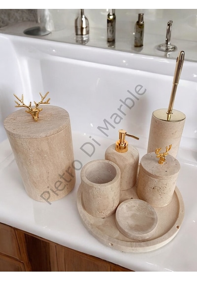 Sarı Traverten Klasik Model 7 Parça Gold Renk Geyik Aksesuarlı Banyo Seti Sarı Traverten