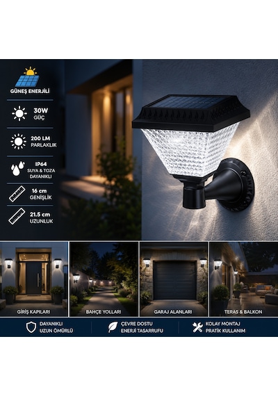 Güneş Enerjili 30w Solarlı Led Aplik Beyaz Işık Ct-7316 Siyah
