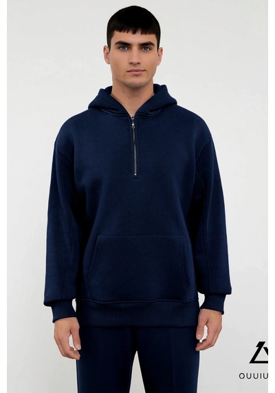 Benerly Erkek Kapüşonlu Fermuarlı Düşük Kol Uzun Kollu Kalıp Sweatshirt F Lacivert