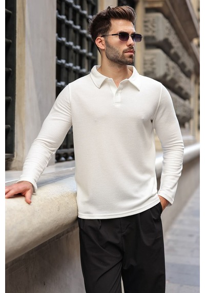 Madmext Ekru Gömlek Yaka Dokulu Regular Fit Erkek Sweatshirt E7203 Bej