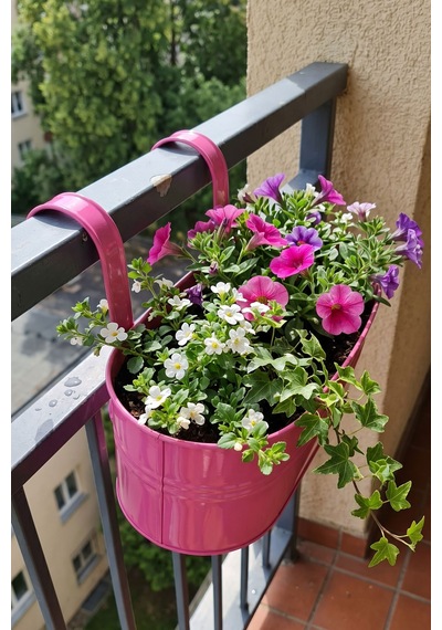 Askılı Metal Elips Saksı - Sökülebilir Askılı Balkon Saksılık Ve Çiçeklik 7 Litre Pembe