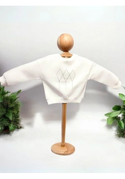Kız Çocuk Mevsimlik Pamuklu İki İplik Zincirli Sweatshirt-15447 Ekru