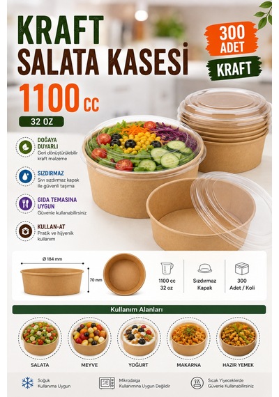 1100 Cc Kraft Salata Kasesi 300 Adet 32 Oz Kâğıt Salata Kabı - 913795911