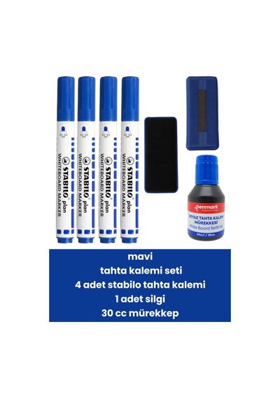 Mavi Tahta Kalemi Seti 4 Adet Stabilo Tahta Kalemi 1 Adet Silgi 30 Cc Mürekkep Çok Renkli