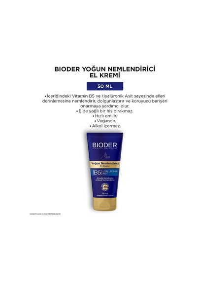 Bioder Yoğun Nemlendirici El Bakım Kremi 50 Ml Hyalüronik Asit Ve B5 Vitamini İçerikli, Hızlı Emilen Nemlendi