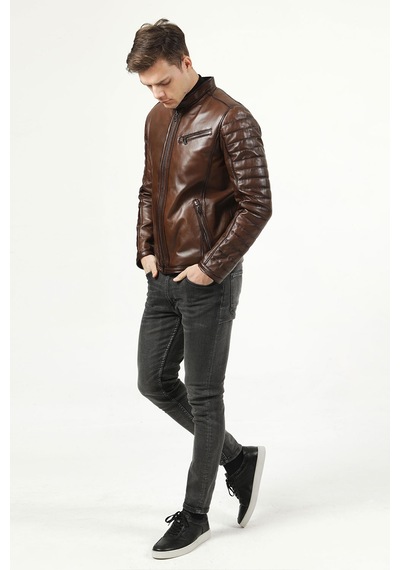 Dericlub Brg Erkek Hakim Yaka Slimfit Hakiki Deri Mont Camel Antik Camel