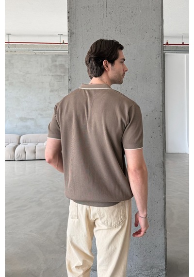 Erkek Oversize Selanik Polo Yaka Triko T-shirt Açık Kahve
