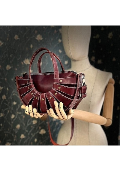 Carıdea El Yapımı Hakiki Deri Bayan Çanta, Clutch, El Omuz Çantası V89 Açık Bordo