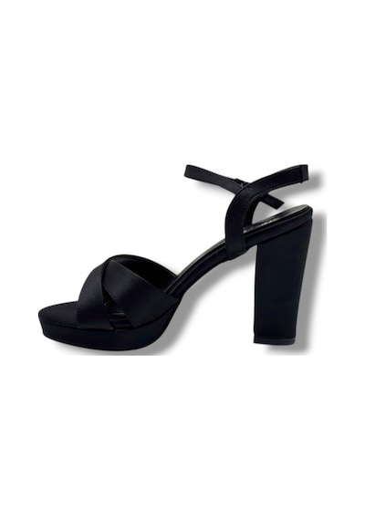 Erbay 308-26 Parlak Saten Çapraz Bant Kalın Topuk Kadın Sandalet 11cm Siyah