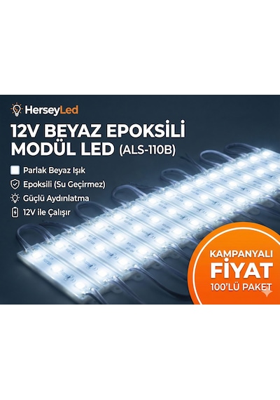 12v Beyaz 100 Adet Epoksili Modül Led Als-110b Beyaz
