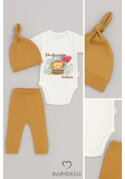 Babyden's Dedesinin Aslanı Baskılı 3 Lü Bebek Takımı Pamuklu Fitilli Kumaş Şapka,manşetli Alt ,kısa Kollu Zıbın Kahverengi