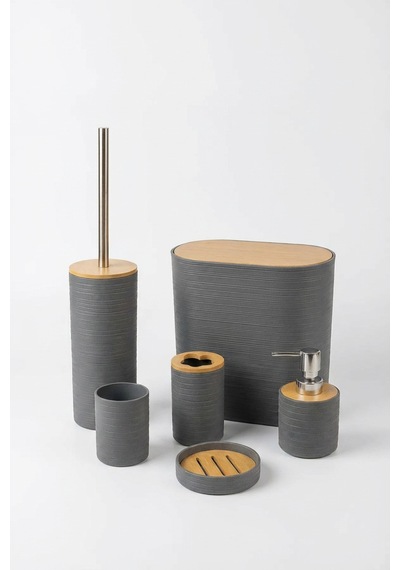 Makri Home 6'lı Banyo Seti, Bambu Kapaklı, Gri, Oval, 8 Litre Gri