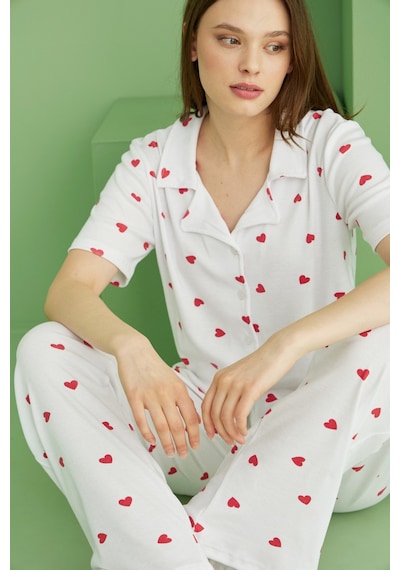Siyah İnci Fitilli Kaşkorse Örme Düğmeli Gömlek Yaka Pijama Takım Beyaz Siyah İnci Fitilli Kaşkorse Örme Düğmeli Gömlek Yaka Pijama Takım Beyaz
