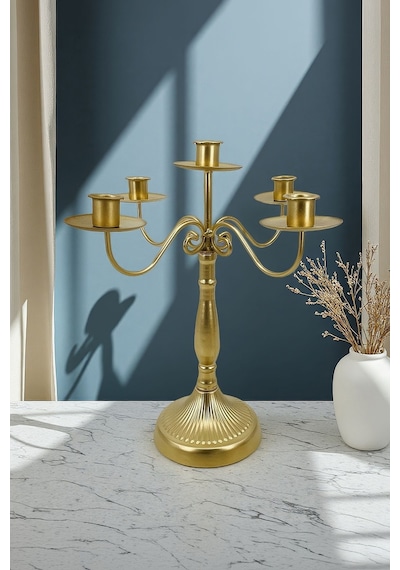 5 Gözlü Şık Restoran Düğün Şamdan Dekoratif Metal Mat Gold Mumluk Mt282sr Altın