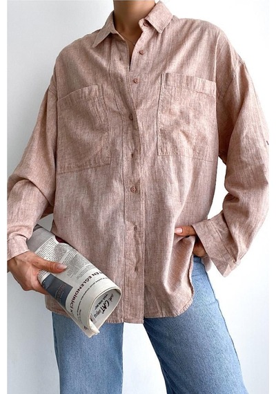 Femelle Kadın Çift Cepli Düşük Omuz Oversize Boyfriend Salaş Kalıp Keten Basic Gömlek kahverengi Femelle Kadın Çift Cepli Düşük Omuz Oversize Boyfriend Salaş Kalıp Keten Basic Gömlek kahverengi