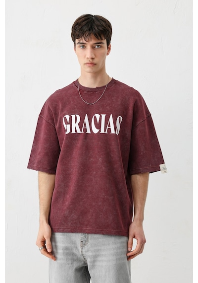 Vamos Oversize Baskılı Tişört V70-143 Bordo