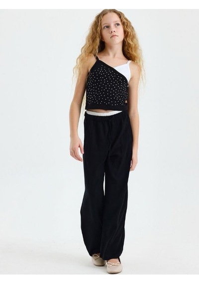 Kız Çocuk Taşlı Askılı Crop Bluz-15567 Siyah