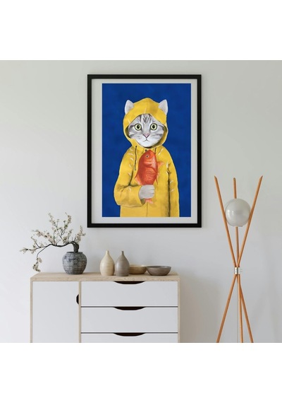 Sarı Yağmurluklu Kedi Temalı Dekoratif Tablo Sök Tak Çerçeve