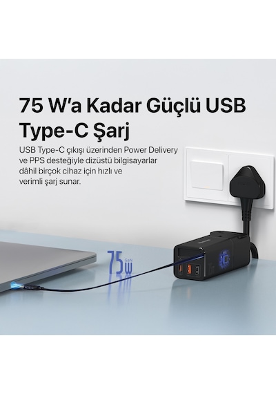 Xenon Smart Masaüstü Priz Hızlı Şarj İstasyonu | 75W GaN, 4000W AC, Dahili USB-C Kablo, 3x USB, PD PPS (X6412)