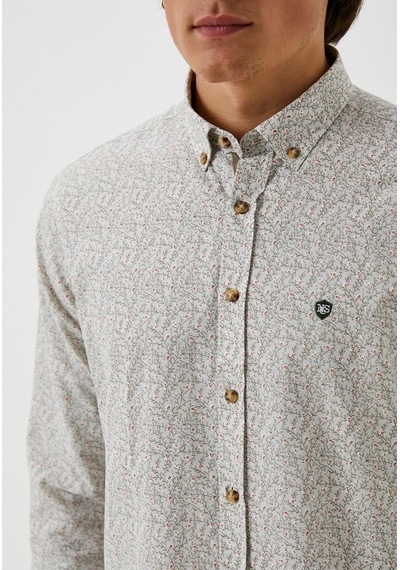 Erkek Desenli Gömlek Haki Floral Baskı Slim Fit Düğmeli Yaka Logo Detay Poplin Gömlek Ncs Jeans 7181-haki Haki