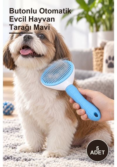 5 Adet Butonlu Otomatik Evcil Hayvan Tarağı Mavi