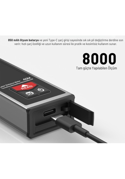 Tr Sw-b40 Geniş Yatay Göstergeli Metal Lazermetre 40 Metre Şarj Edilebilir