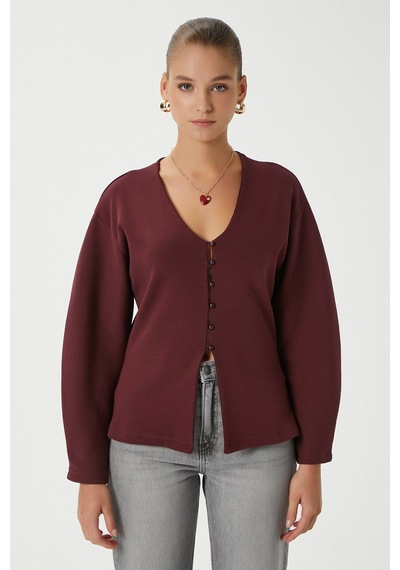Ritnice Kadın Osea Premium Bele Oturan Bordo Şık Düğme Detay Peplum Bluz Bordo