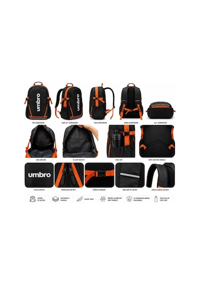Umbro Cleo Backpack Siyah/turuncu Su İtici, Reflektörlü Spor Sırt Çantası, Okul Çantası - Tt0044