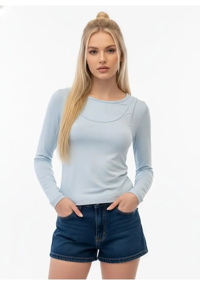 Park Karon 26031 Kadın Geniş Yaka Slim Fit Tasrım Modal Penye Bluz Bebe Mavi