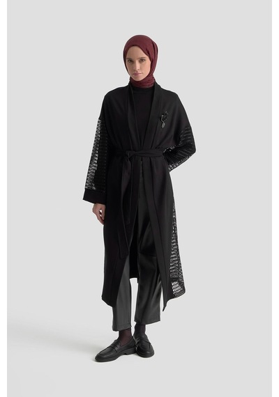 Armine Trend File Ve Broş Detaylı Kemerli Uzun Hırka Siyah 25kt561 Siyah
