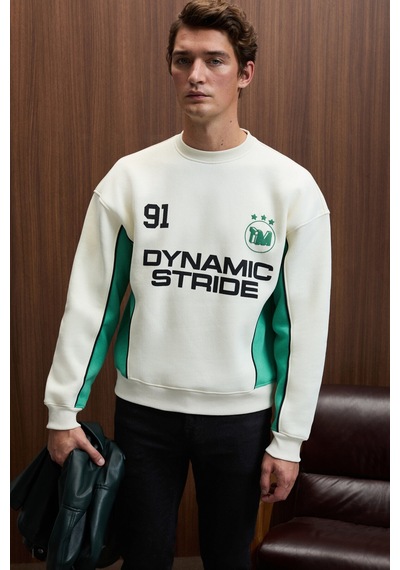 Grimelange MONTY Erkek Yuvarlak Yaka Baskılı Omuzları Yeşil Renkte Relaxed Fit Ekru Sweatshirt