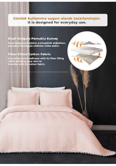 Evlen Home Ollie %100 Pamuk Yatak Örtüsü Pike Takımı Çift Kişilik Ponponlu Kapitone Günlük Pudra