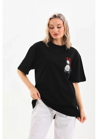 Suma Unisex Oversize Baskılı T-shirt - Siyah