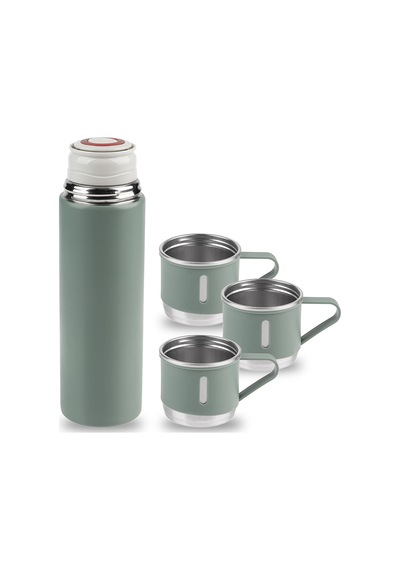 North Pacific Çelik Termos Seti 450 ML Yeşil - 3 Bardaklı