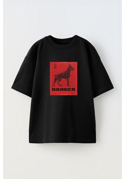 Thewert Unisex Danger Dog Tasarım Baskılı Pamuk Sıyah Oversize T-shirt Siyah