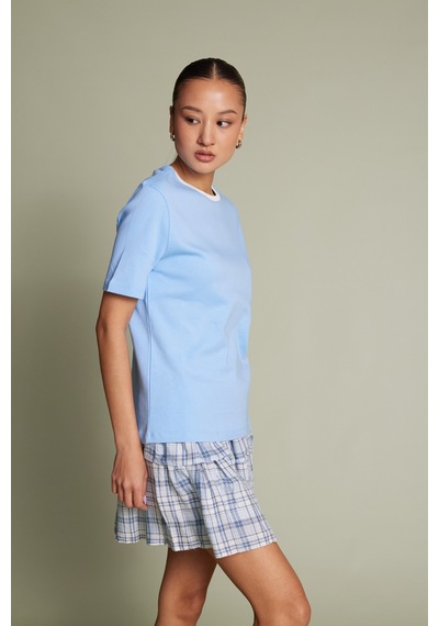 Pamuklu Kısa Kollu Kontrast Bisiklet Yaka T-shirt Bebe Mavi