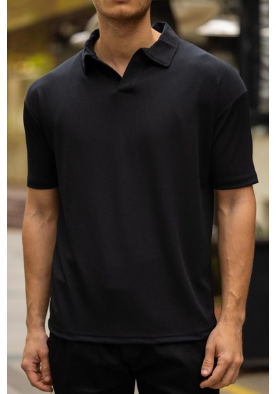 Glasses V Yaka Oversize Fitilli T-shirt - Siyah Siyah