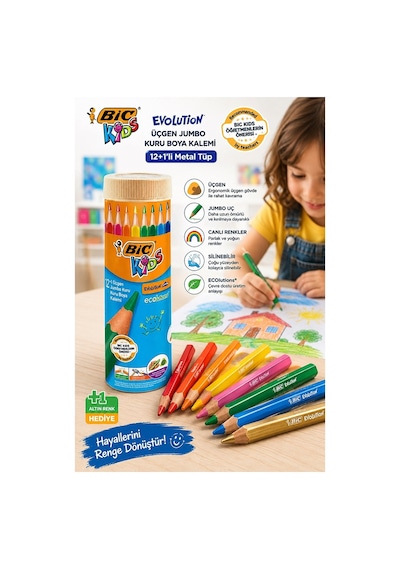 12 Li Jumbo Kuru Boya Kalemi Teneke Kutu 1 Paket Bic Kalın 12 Renk Jumbo Kuruboya Tam Boy Renkli Kalem Çok Renkli