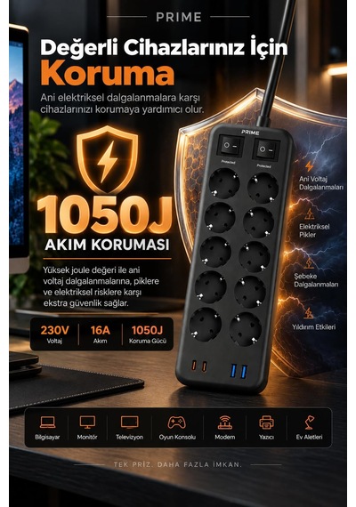 Robeve Fulltech Prıme 10 Lu Akım Korumalı Priz 3680w