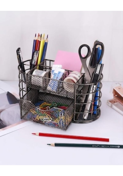 Temel Nikel Metal Mesh Masaüstü Organizer Çekmeceli Çok Bölmeli 22x11x11 Cm 9507b Koyu Gri