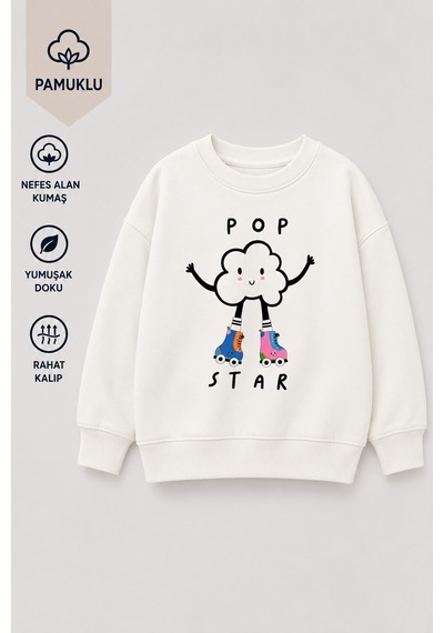 Monila Kız Çocuk 3 İplik Kumaş Pamuklu Popcorn Baskılı Sweatshirt Ekru