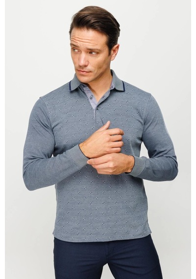 Desen Triko Erkek Polo Yaka Kare Desenli Uzun Kollu Sweatshirt Füme Füme